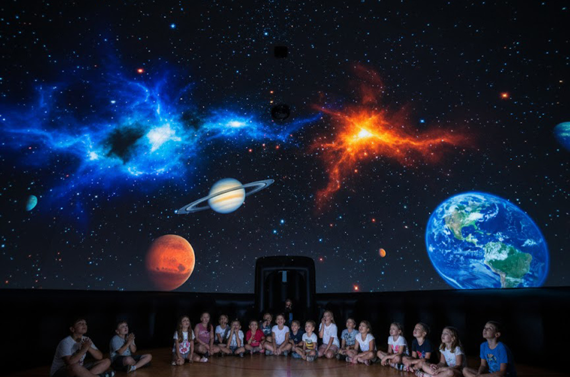 Mobilní planetárium – děti uvnitř nafukovací kopule během projekce